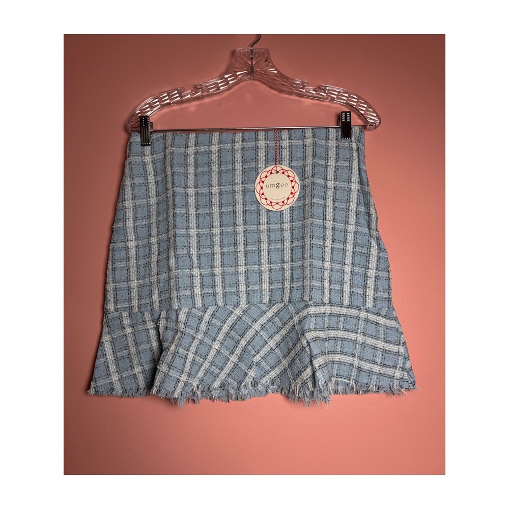 Umgee Blue Plaid Tweed Metallic Ruffle Mini Skirt Preppy A0292 Sky Mix Large
